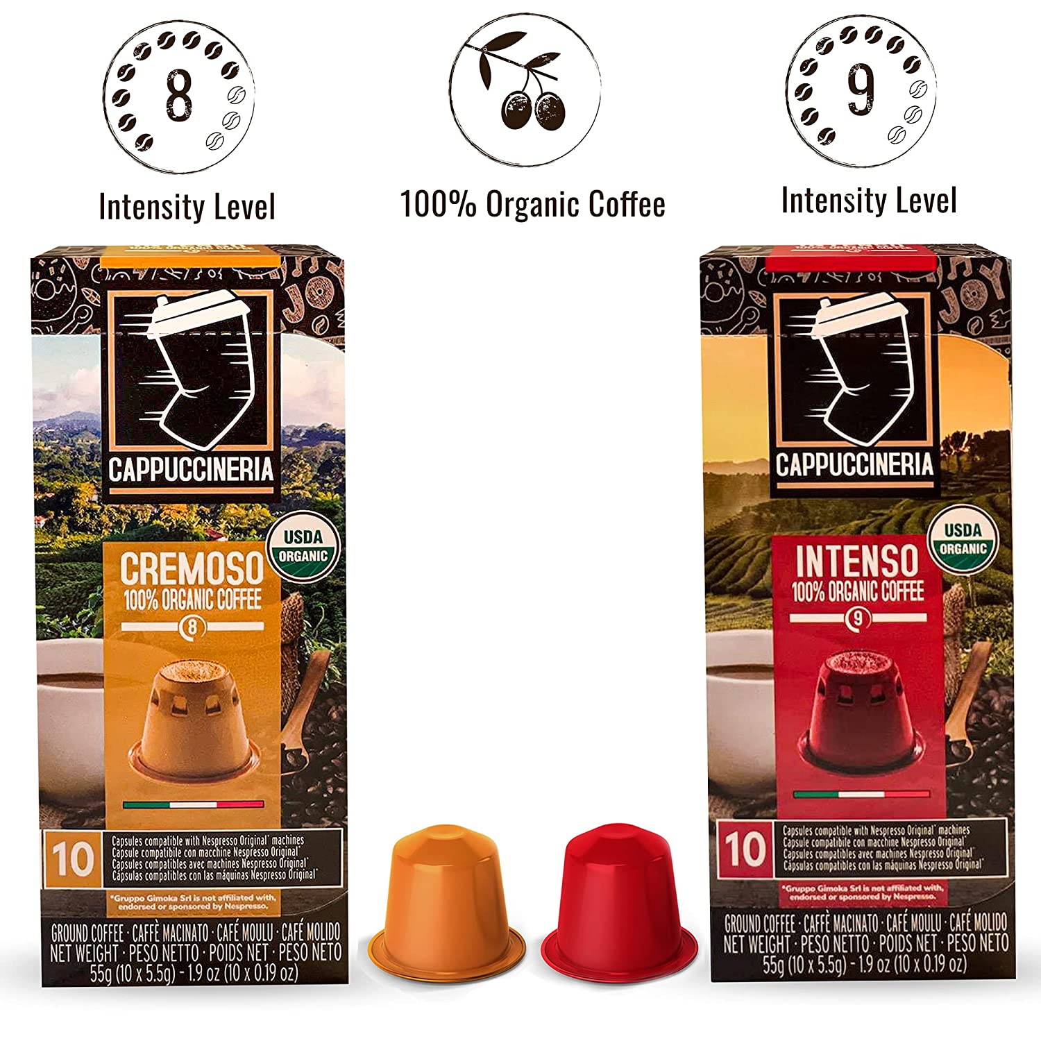 Cappuccineria Organic Nespresso Compatible Capsules / Intensity 8-9 / 40 Pods
