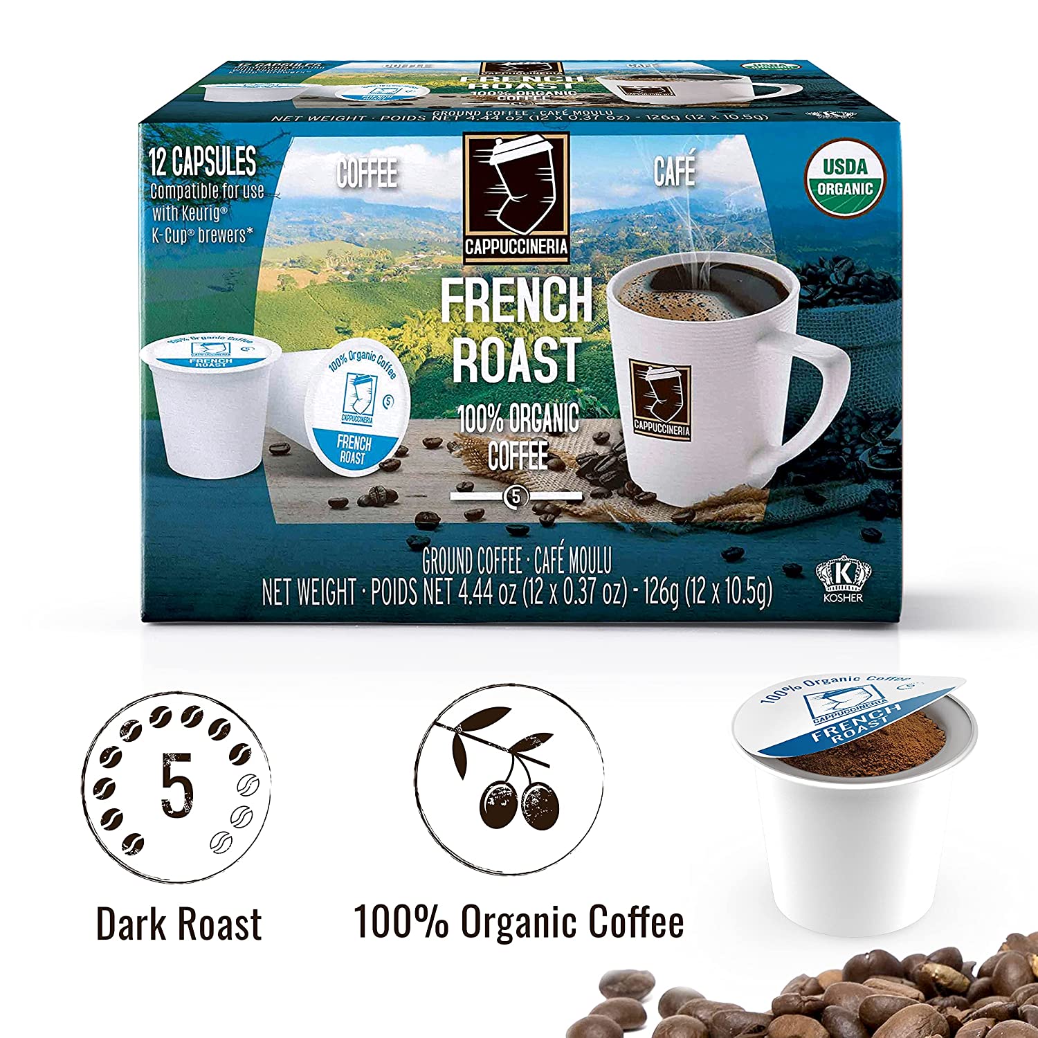 Cappuccineria French Roast Organic K-Cup Coffee Capsules, 72 Pods