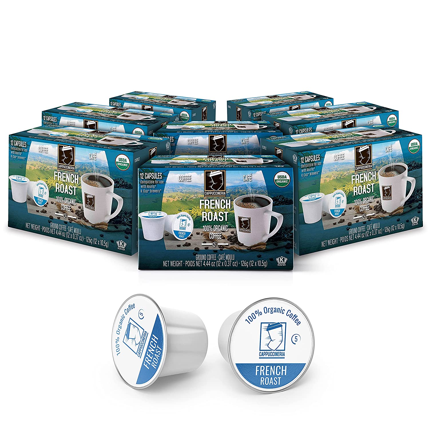 Cappuccineria French Roast Organic K-Cup Coffee Capsules, 72 Pods