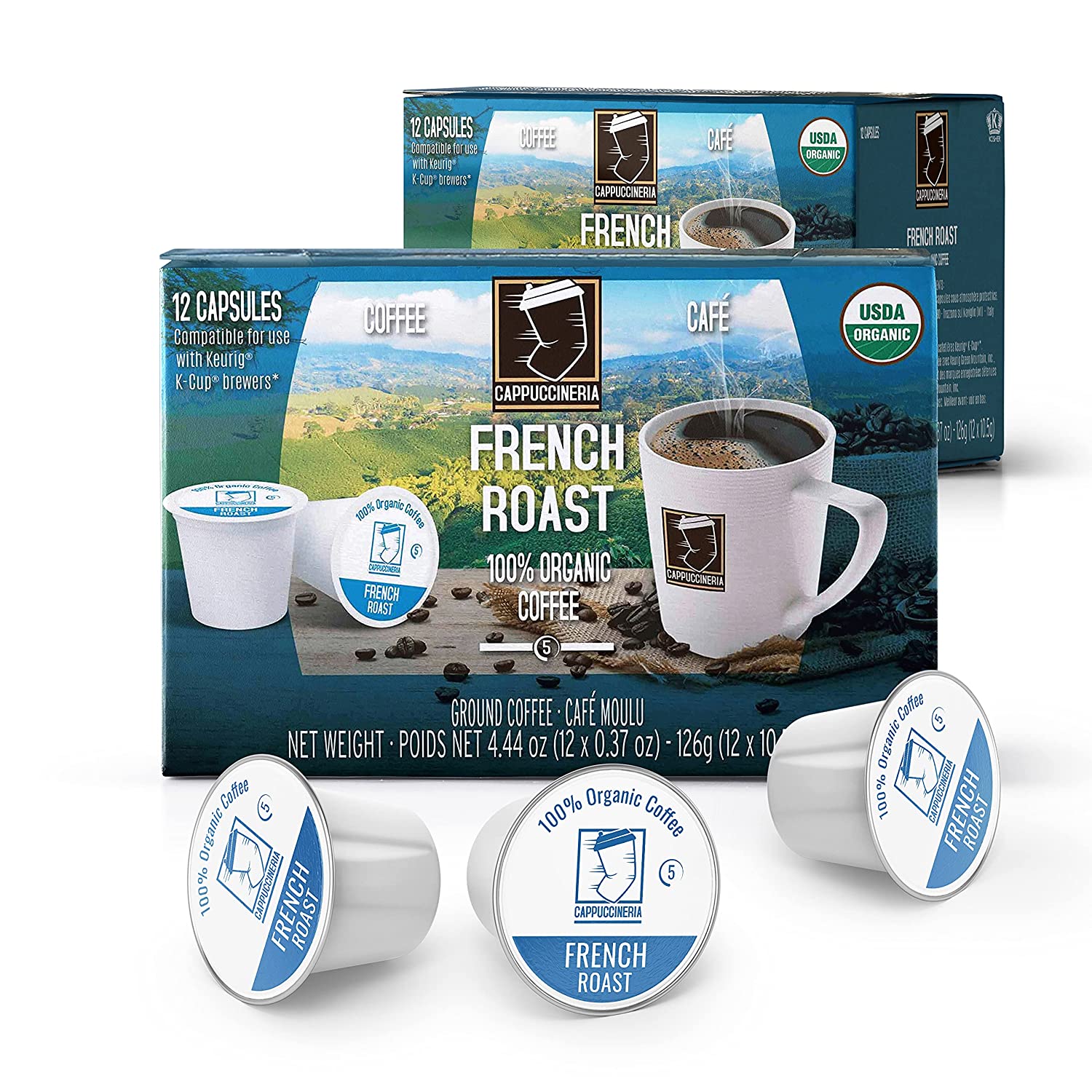 Cappuccineria French Roast Organic K-Cup Coffee Capsules, 72 Pods