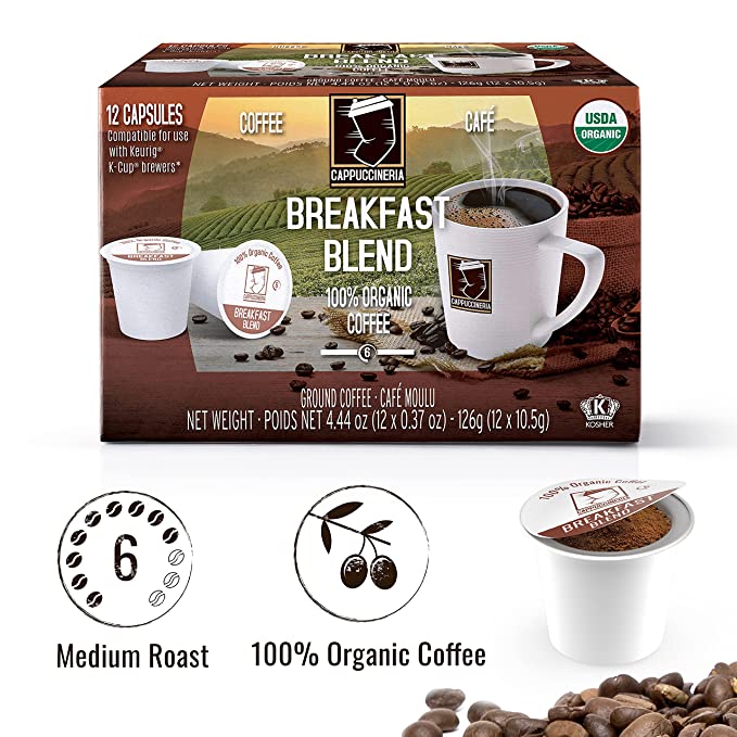 Cappuccineria Breakfast USDA Organic Coffee K-Cup Capsules, 72 Pods